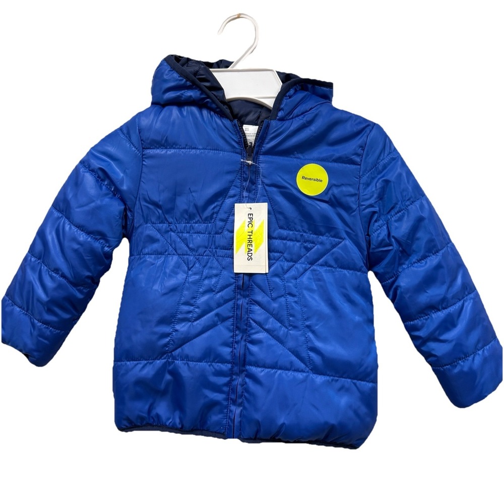Epic Threads Reversible Puffer Jacket Toddler Boys 3T Blue Hooded Coat NWT